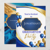 Elégant Blue & Gold Graduation Party Invitation (Devant / Derrière)