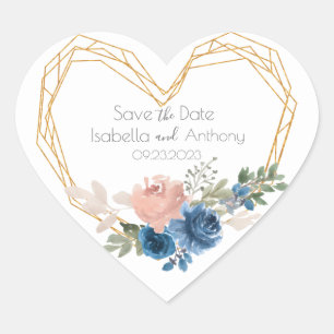 Elegant Blue Gold Heart Floral Namen Datum huwelij Hart Sticker