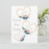 Elegant Blue Gold Heart Floral Names Weddenschap S Save The Date (Staand voorkant)