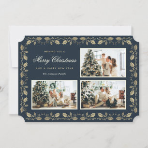 Elegant Blue Gold Holly Family 3 Fotokerstfeest Feestdagenkaart