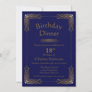 Elegant Blue Gold Lace 18th Birthday Dinner Invite Kaart