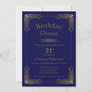 Elegant Blue Gold Lace 21st Birthday Dinner Invite Kaart
