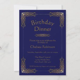 Elegant Blue Gold Lace Birthday Dinner Invitation Kaart