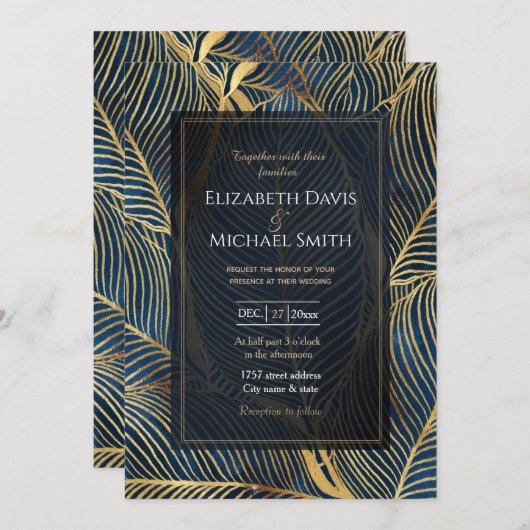 Elegant Blue Gold Leaf-ontwerp Kaart (Voorkant / Achterkant)