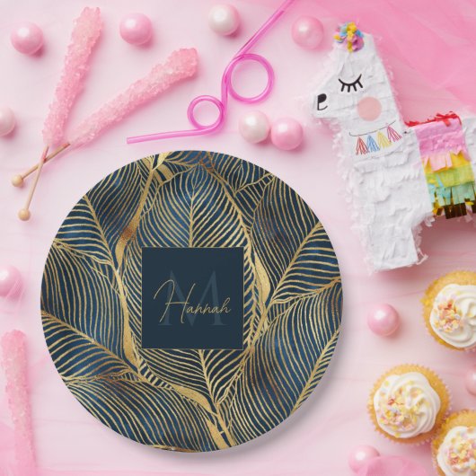 Elegant Blue Gold Leaf-ontwerp Papieren Bordje (Feest)