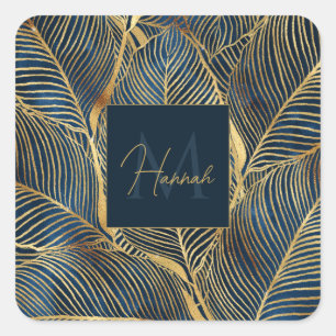 Elegant Blue Gold Leaf-ontwerp Vierkante Sticker