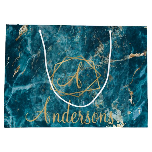 Elegant Blue Gold Marble Effect Monogram Kerstmis Groot Cadeauzakje (Achterkant)