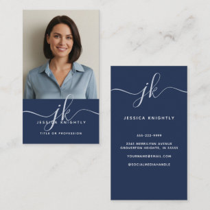 Elegant Blue Gold Monogram Script Initialen Foto Visitekaartje