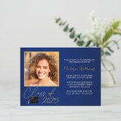 Elégant Blue Gold Photo Faire-part de graduation (Debout devant)