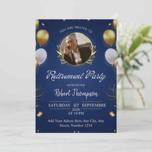 Elegant Blue Gold Retirement Party Invitation (Debout devant)