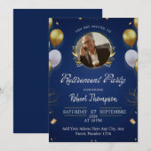 Elegant Blue Gold Retirement Party Invitation (Devant / Derrière)