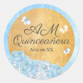 Elegant Blue Gold Rozen Butterflies Quinceañera Ronde Sticker (Voorkant)