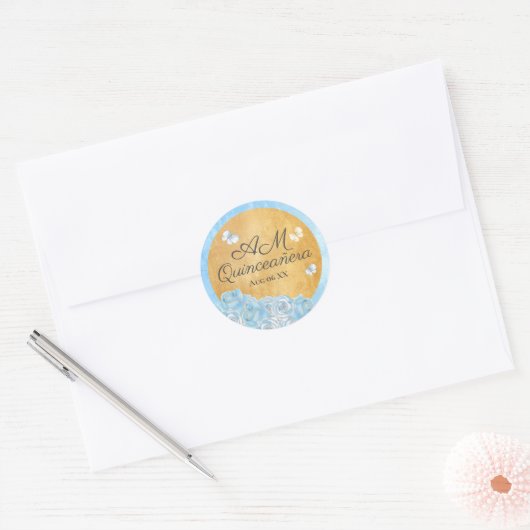 Elegant Blue Gold Rozen Butterflies Quinceañera Ronde Sticker (Envelop)