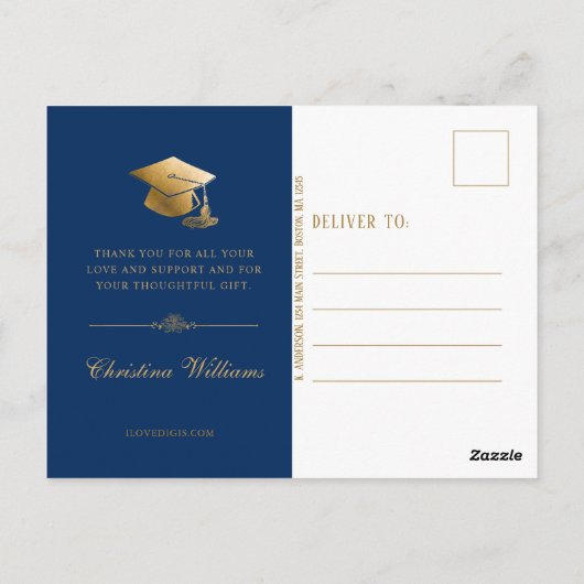 Elegant Blue Gold Script Afstuderen Bedankt Briefkaart (Achterkant)