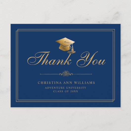 Elegant Blue Gold Script Afstuderen Bedankt Briefkaart (Voorkant)