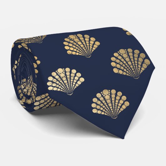 Elegant Blue Gold Seashell Ocean Pattern Mannen Stropdas (Opgerold)