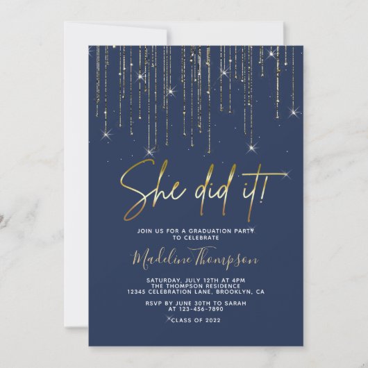 Elegant Blue Gold Sparking Ze deed het Afstuderen Kaart (Voorkant)