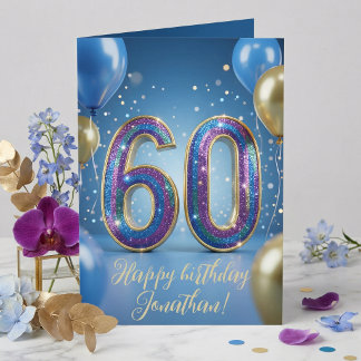 Elegant Blue Gold Sparkly Balloons 60th Birthday Kaart