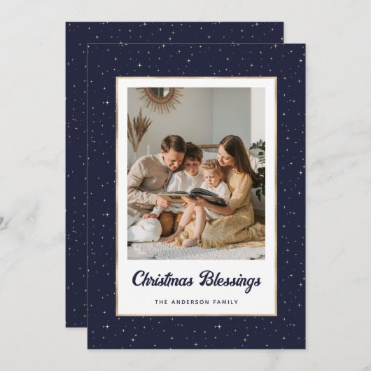 Elegant Blue Gold Starry Photo Feestdagenkaart (Voorkant / Achterkant)
