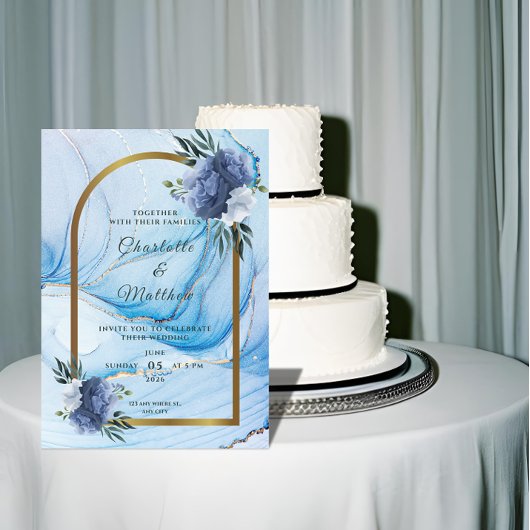 Elegant Blue & Gold Wedding Invitation  Kaart
