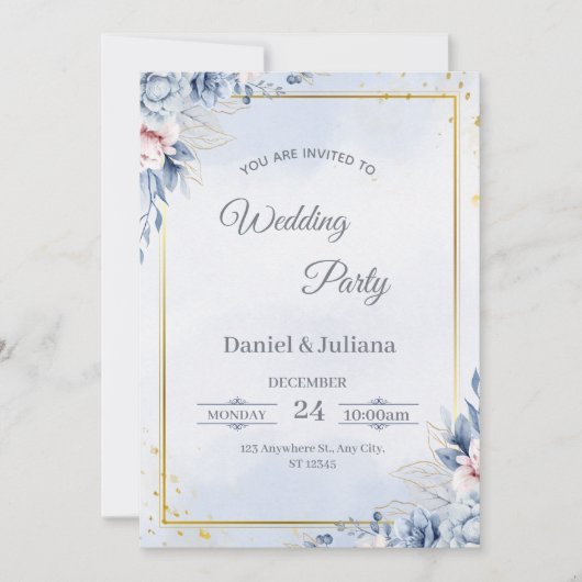 Elegant Blue & Gold Wedding Invitation Kaart (Voorkant)