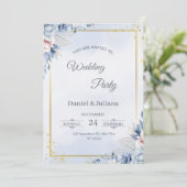 Elegant Blue & Gold Wedding Invitation Kaart (Staand voorkant)