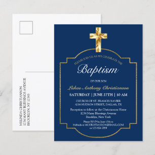 Elegant Blue Golden Cross Boys Baptisme Invitation Uitnodiging Briefkaart