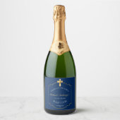 Elegant Blue Golden Cross Boys Baptisme Sparkling Wijnetiket (Voorkant)
