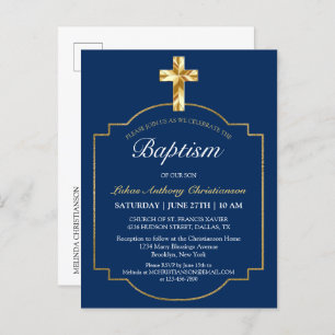 Elégant Blue Golden Cross Garys Baptism Invitation