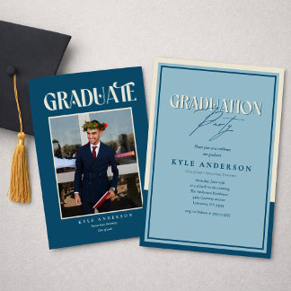 Elegant Blue Graduation Party Photo Invitation