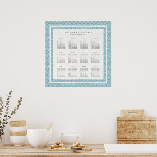 Elegant Blue Green Pattern Seigaiha Seating Chart Poster (Keuken)
