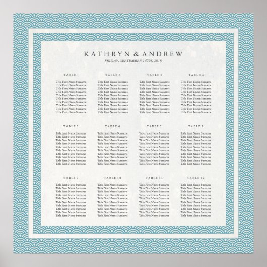 Elegant Blue Green Pattern Seigaiha Seating Chart Poster (Voorkant)
