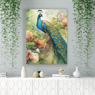 Elegant Blue Green Peacock Pink Flowers Canvas Afdruk