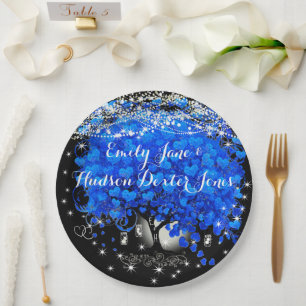 Elegant Blue Heart Leaf Tree Wedding Papieren Bordje