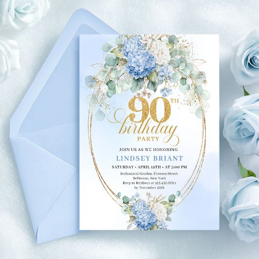 Elegant Blue Hydrangea 90th Birthday Invitation