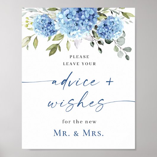 Elegant Blue Hydrangea Advice & Wishes Wedding Poster (Voorkant)
