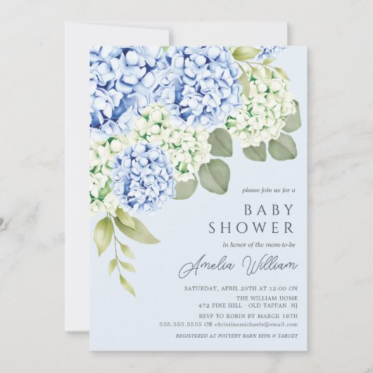 Elégant Blue Hydrangea Baby shower Invitation (Devant)