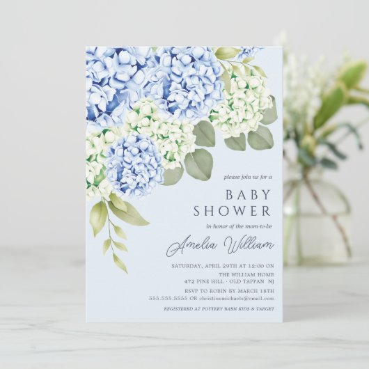 Elégant Blue Hydrangea Baby shower Invitation (Debout devant)