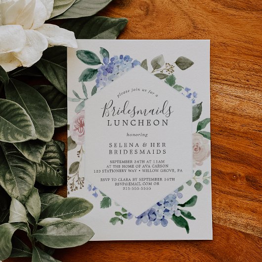Elegant Blue Hydrangea Bridesmaids Luncheon Kaart