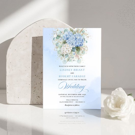 Elegant Blue Hydrangea Eucalyptus Wedding Invite Kaart