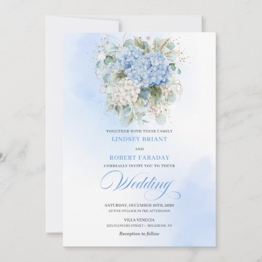 Elegant Blue Hydrangea Eucalyptus Wedding Invite Kaart (Voorkant)