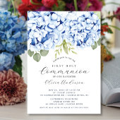 Elégant Blue Hydrangea First Communion Invitation