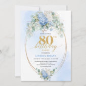 Elegant Blue Hydrangea Floral 80th Birthday Invite Kaart (Voorkant)