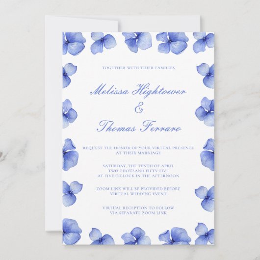 Elegant Blue Hydrangea Floral Virtual Wedding Kaart (Voorkant)