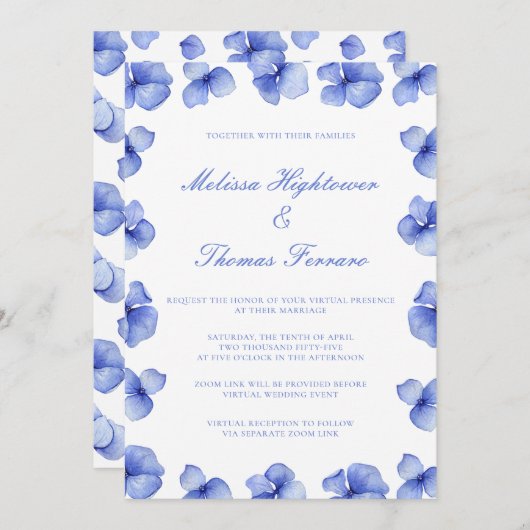 Elegant Blue Hydrangea Floral Virtual Wedding Kaart (Voorkant / Achterkant)