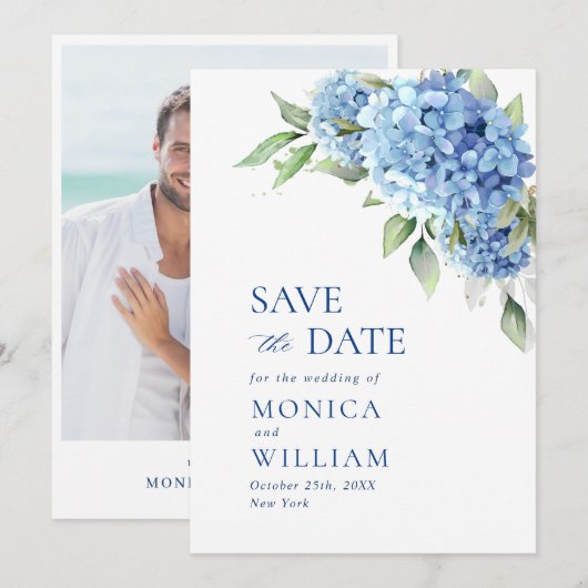 Elegant Blue Hydrangea Floral Wedding Photo Save The Date (Voorkant / Achterkant)