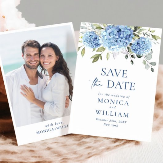 Elegant Blue Hydrangea Floral Wedding Photo Save The Date