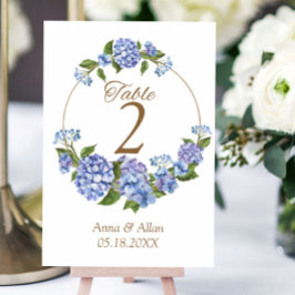 Elegant Blue Hydrangea Floral Wedding Table Number Kaart