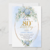 Elegant Blue Hydrangea Gold 80th Birthday Invite Kaart (Voorkant)