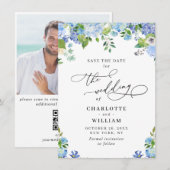 Elegant Blue Hydrangea Greenery Photo Wedding QR Save The Date (Voorkant / Achterkant)